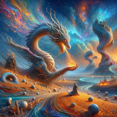 The primary subject of the image is a dragon, which is depicted in a vibrant and colorful manner. The dragon is surrounded by a variety of objects, including a castle, a person, and several balls. The setting appears to be a desert-like environment, with a sky visible in the background. The visual style of the image is a combination of digital art and illustration, creating a unique and captivating scene. The colors and mood of the image are lively and energetic, with the drag